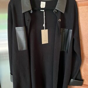 Black Shacket Joie button down knit material w/ faux leather trim size large NWT